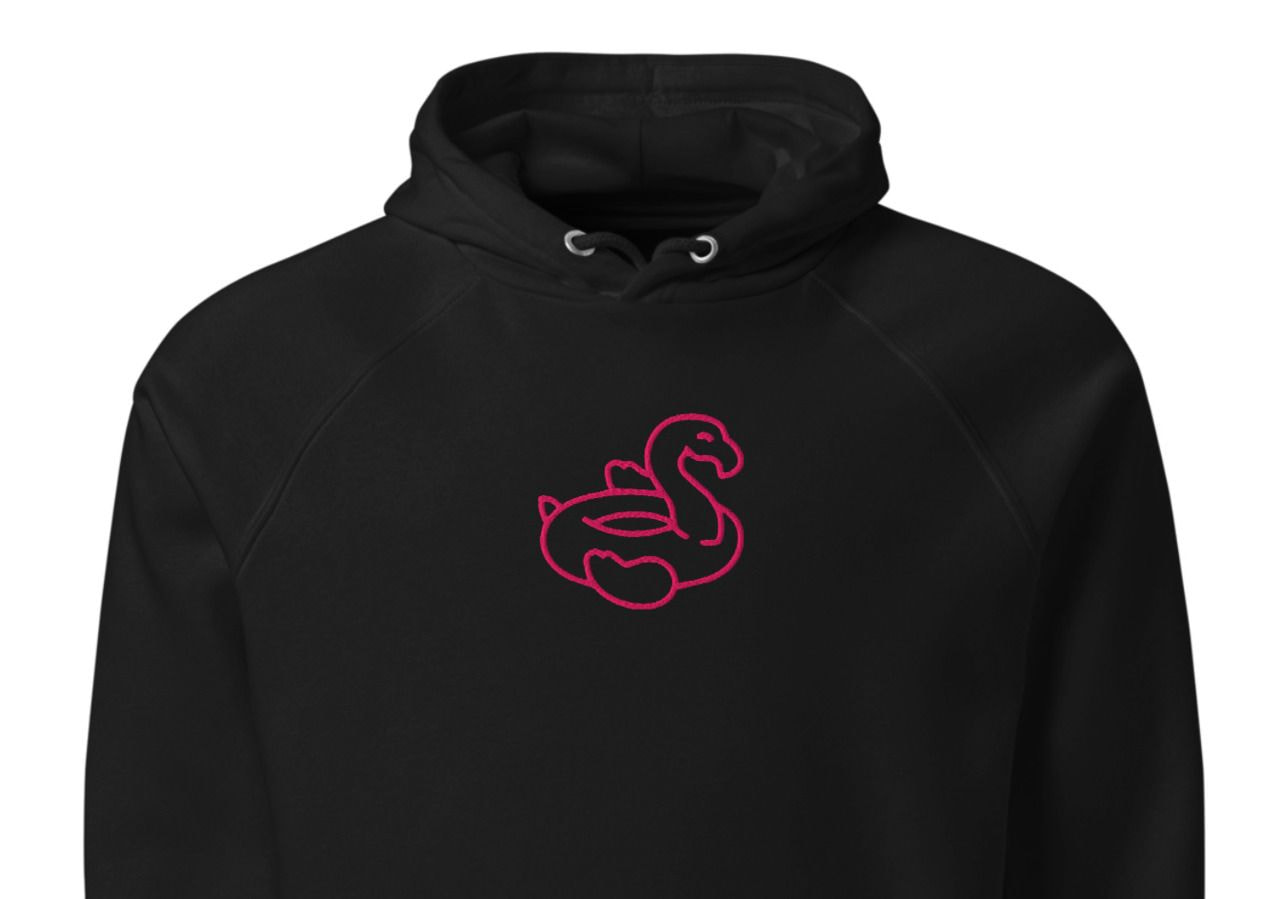 black hoodie with red frontal design